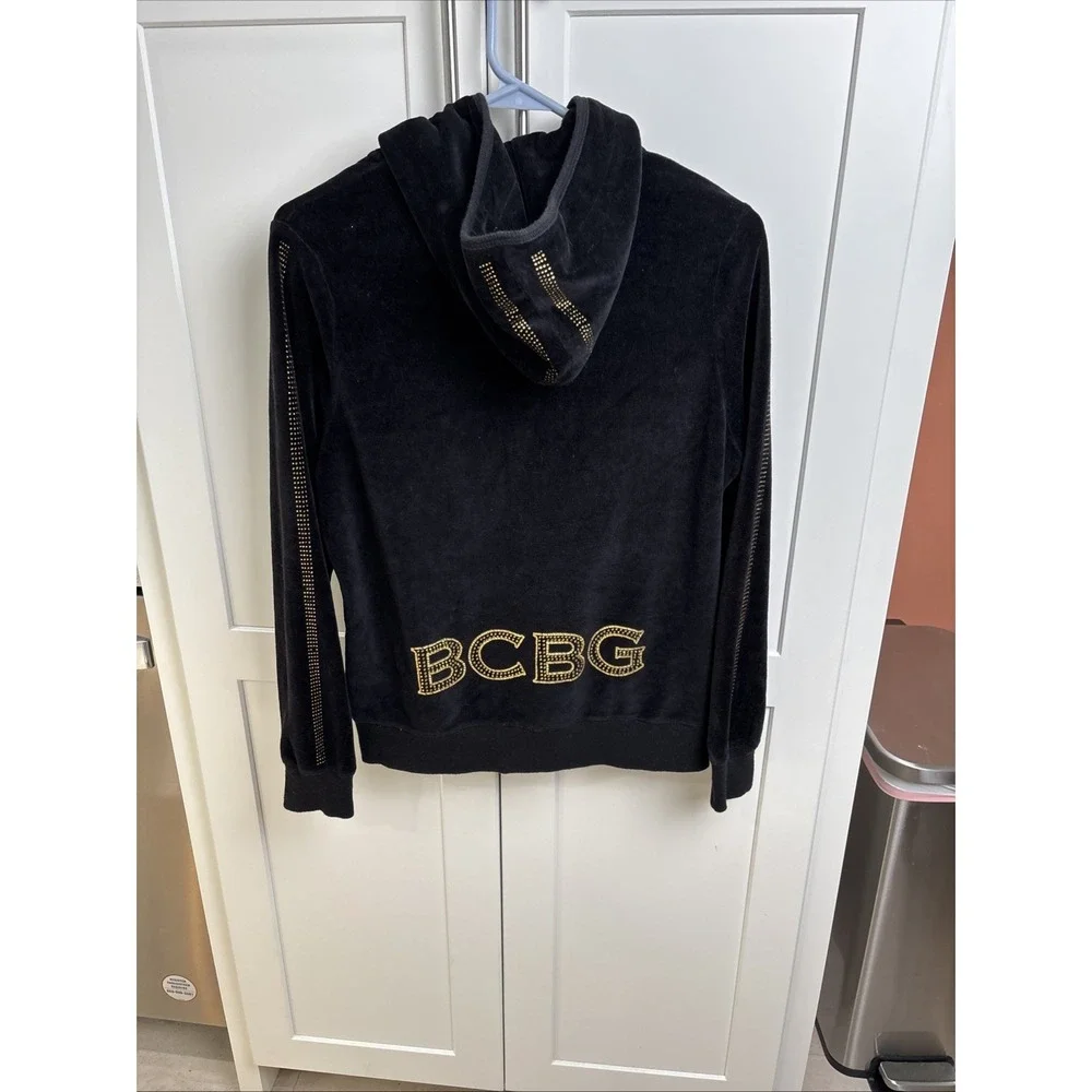 BCBGMAXAZRIA  Velour Rhinestone Full Zip Hoodie Jacket Bling Black Med